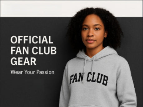 Person wearing a gray 'FAN CLUB' hoodie with promotional text on a black background